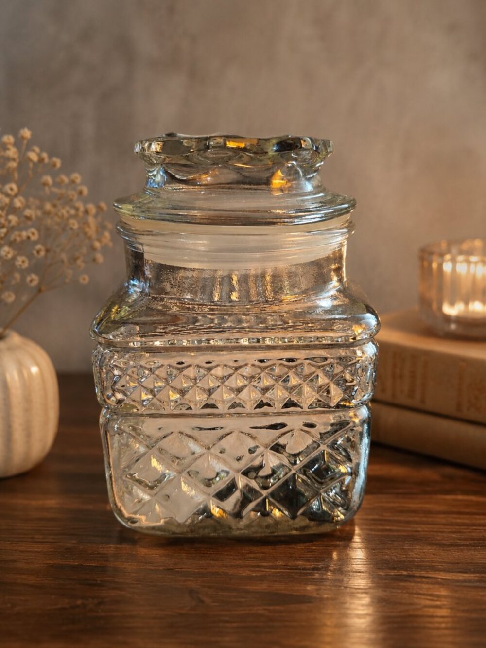 Vintage Anchor Hocking Wexford Clear Glass Small Canister Jar Apothecary Lid